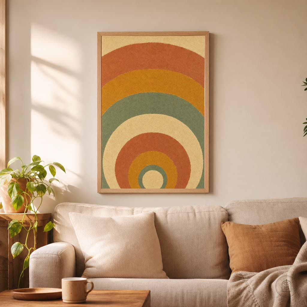 A framed art print, hung in a living room — rendered from a seller's own artwork.