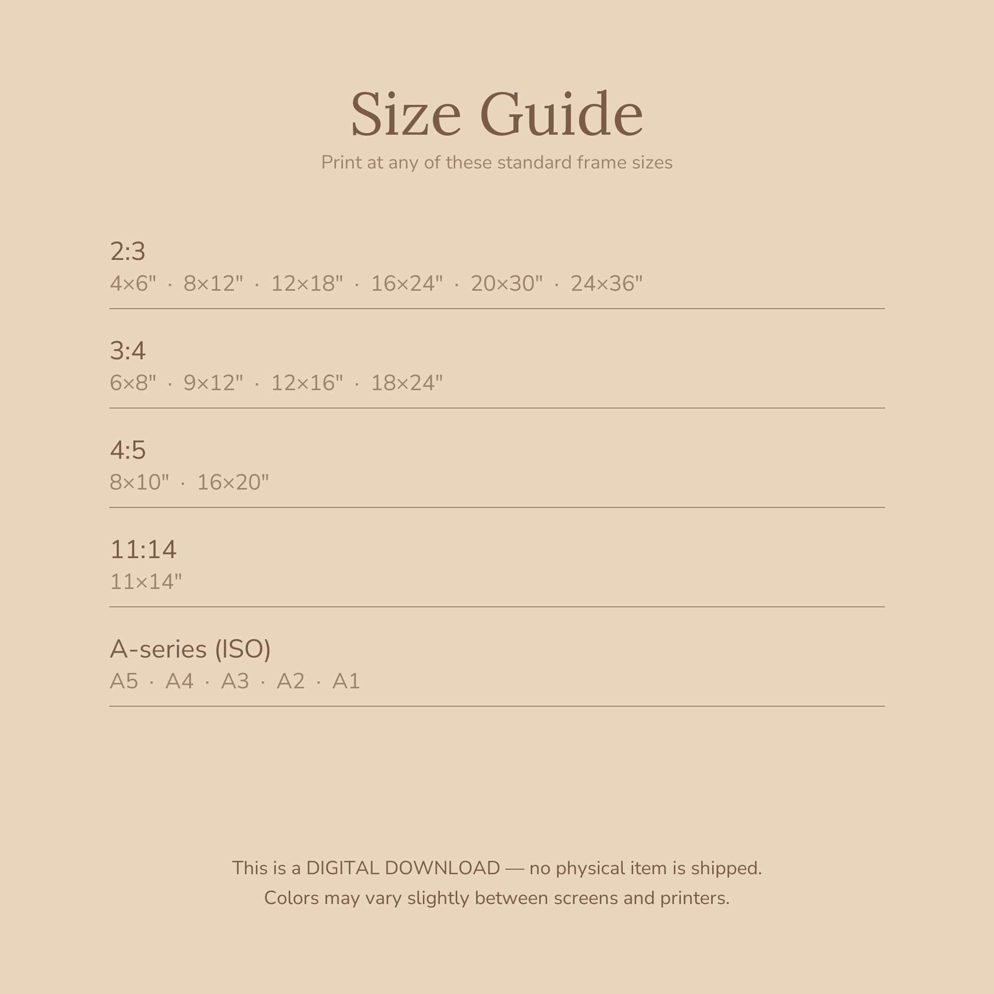 The size guide insert, showing which frame size fits which print ratio.