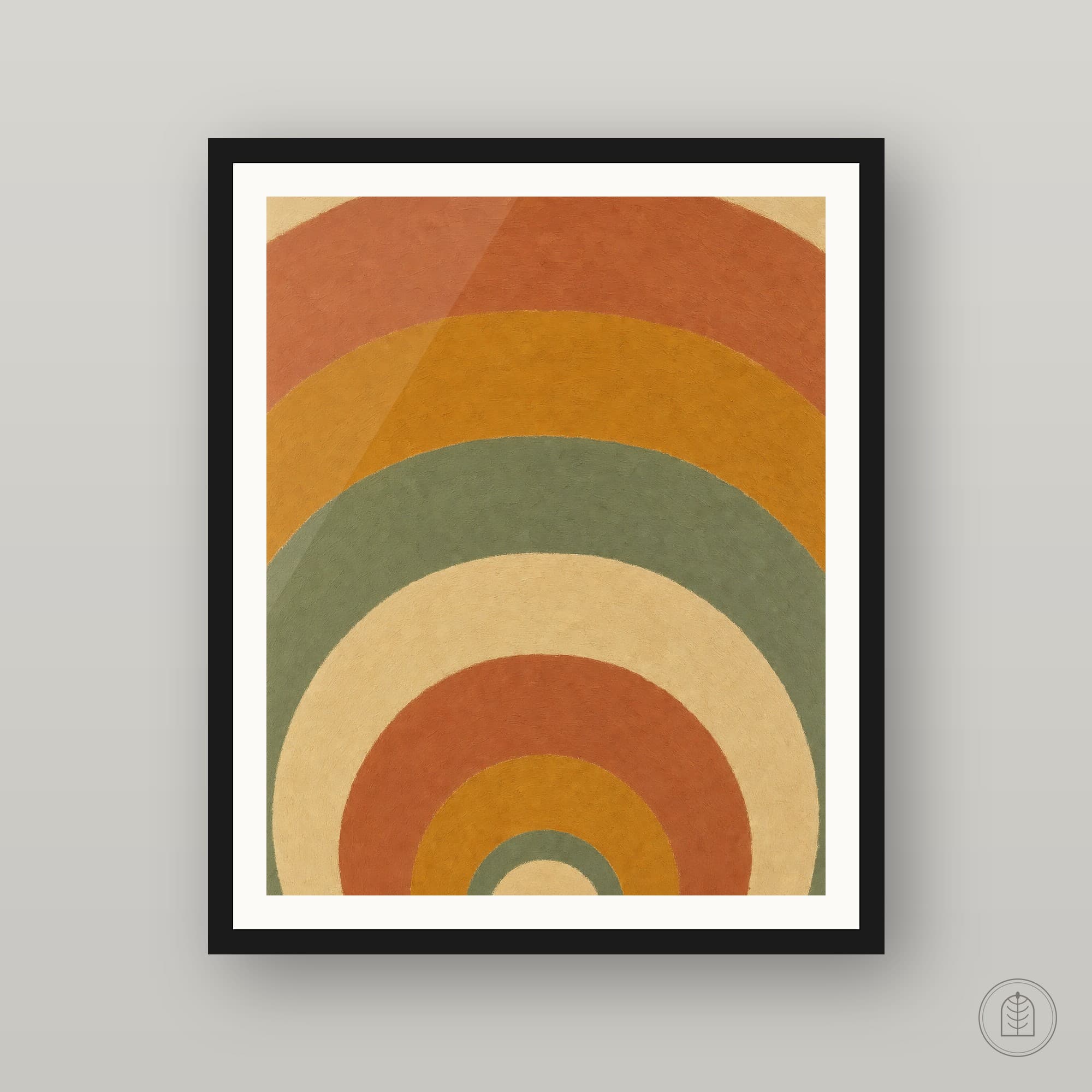 A studio mockup of the artwork, framed in black against a grey wall.