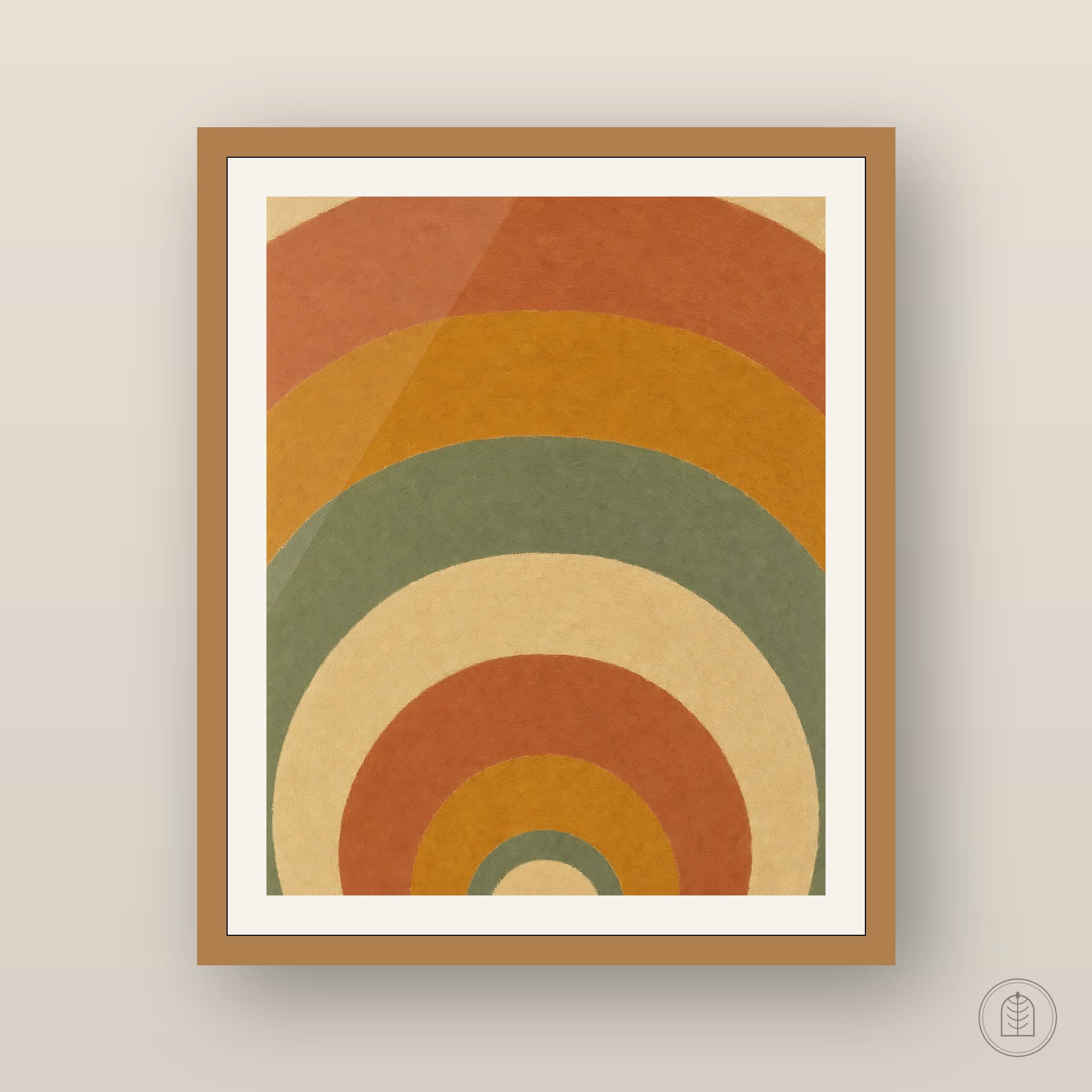 A studio mockup of the artwork, framed in oak against a warm wall.